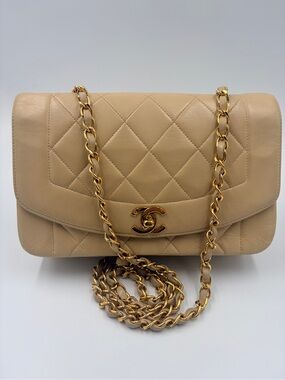Authentic CHANEL Lambskin Small Diana Single Chain Single Flap Bag Beige
